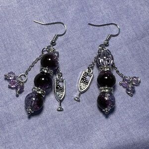 Hand Crafted Deep Dark Purple with Wine Theme Charms Earrings